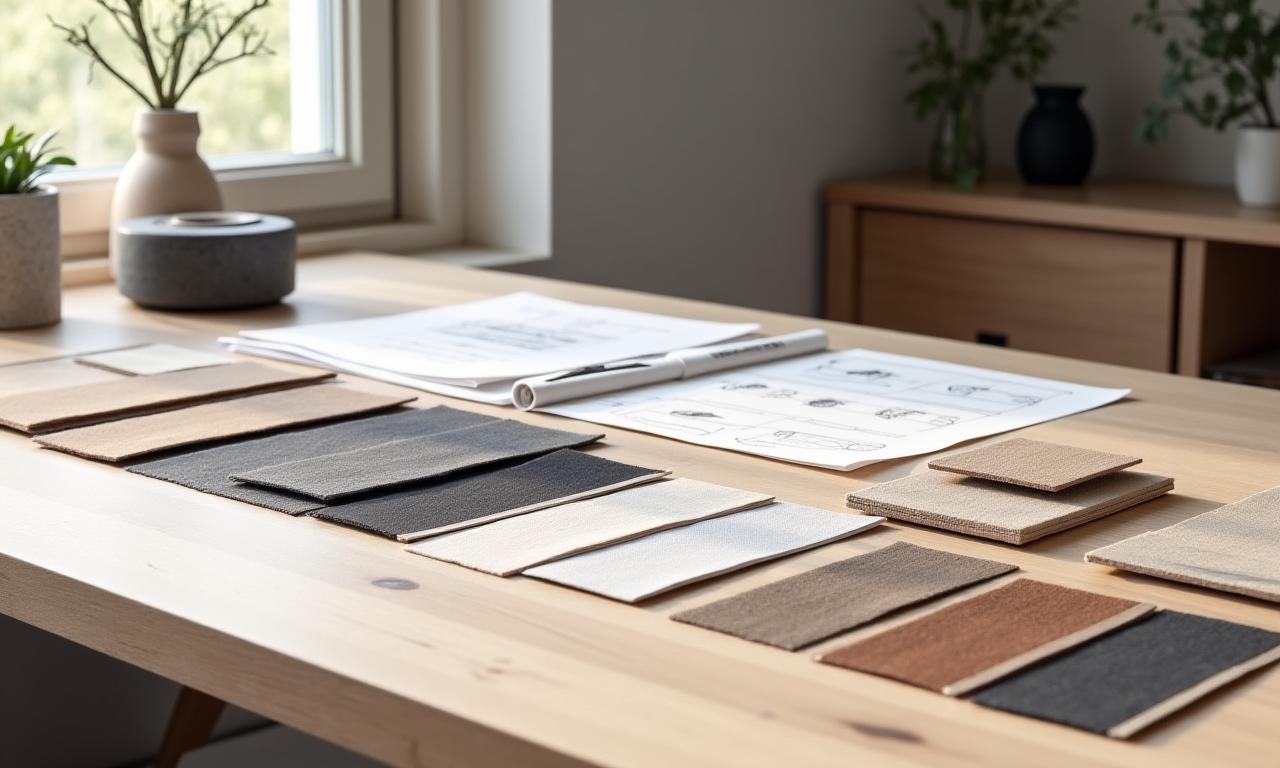 Abstrakt bilde av et designstudio med materialprøver og tegninger, dempet skandinavisk lys.